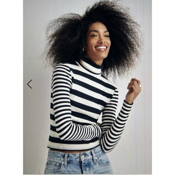 Madewell Crop Turtleneck Sweater Stripe Nautical Classic Navy/Cream Sz XXS - Picture 1 of 15